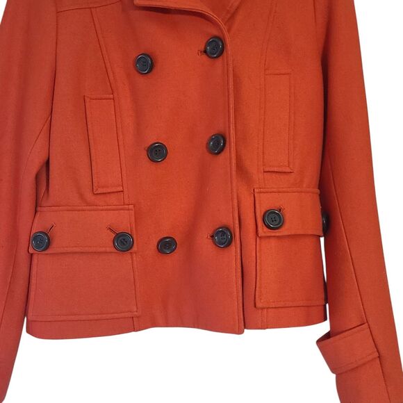 Delias Women's Pea Coat Double Breast Lined Fur Trim Hood Orange L - Picture 2 of 9